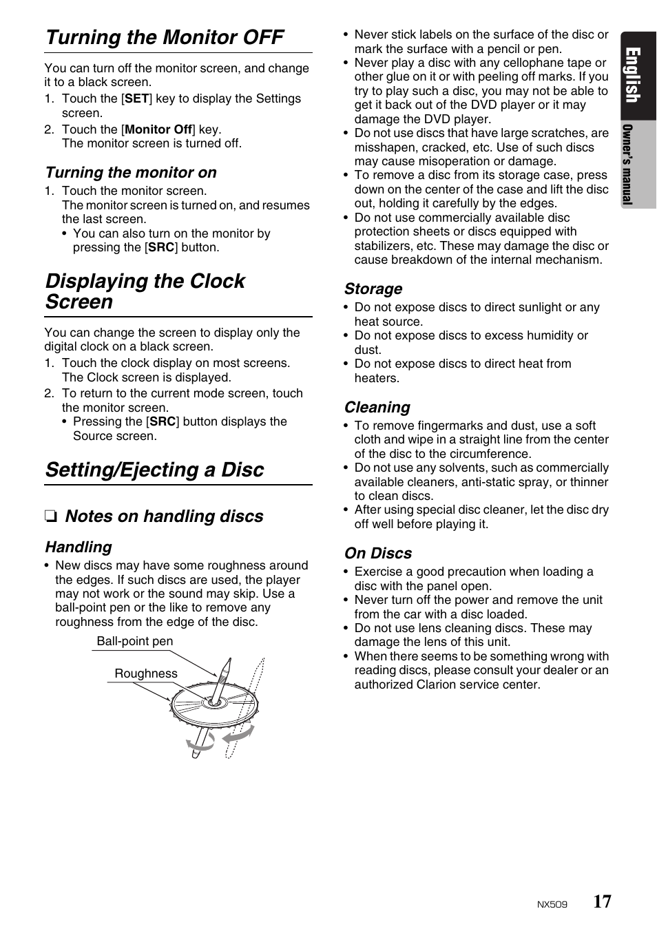 Turning the monitor off, Displaying the clock screen, Setting/ejecting a disc | English | Clarion NX509 User Manual | Page 19 / 69