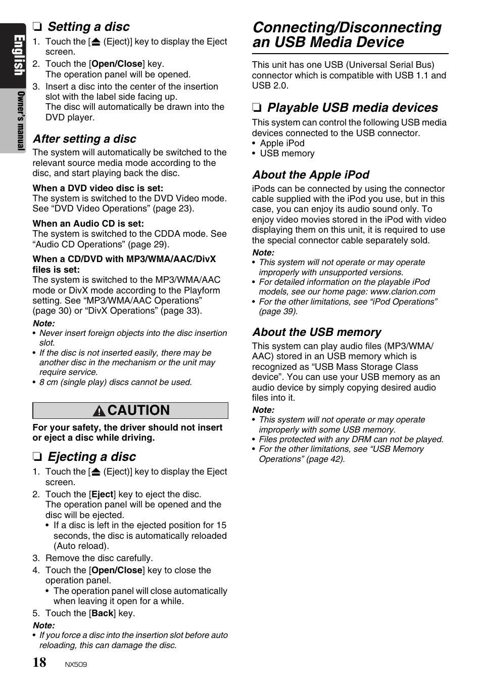Connecting/disconnecting an usb media device, English, Caution | Setting a disc, Ejecting a disc, Playable usb media devices | Clarion NX509 User Manual | Page 20 / 69