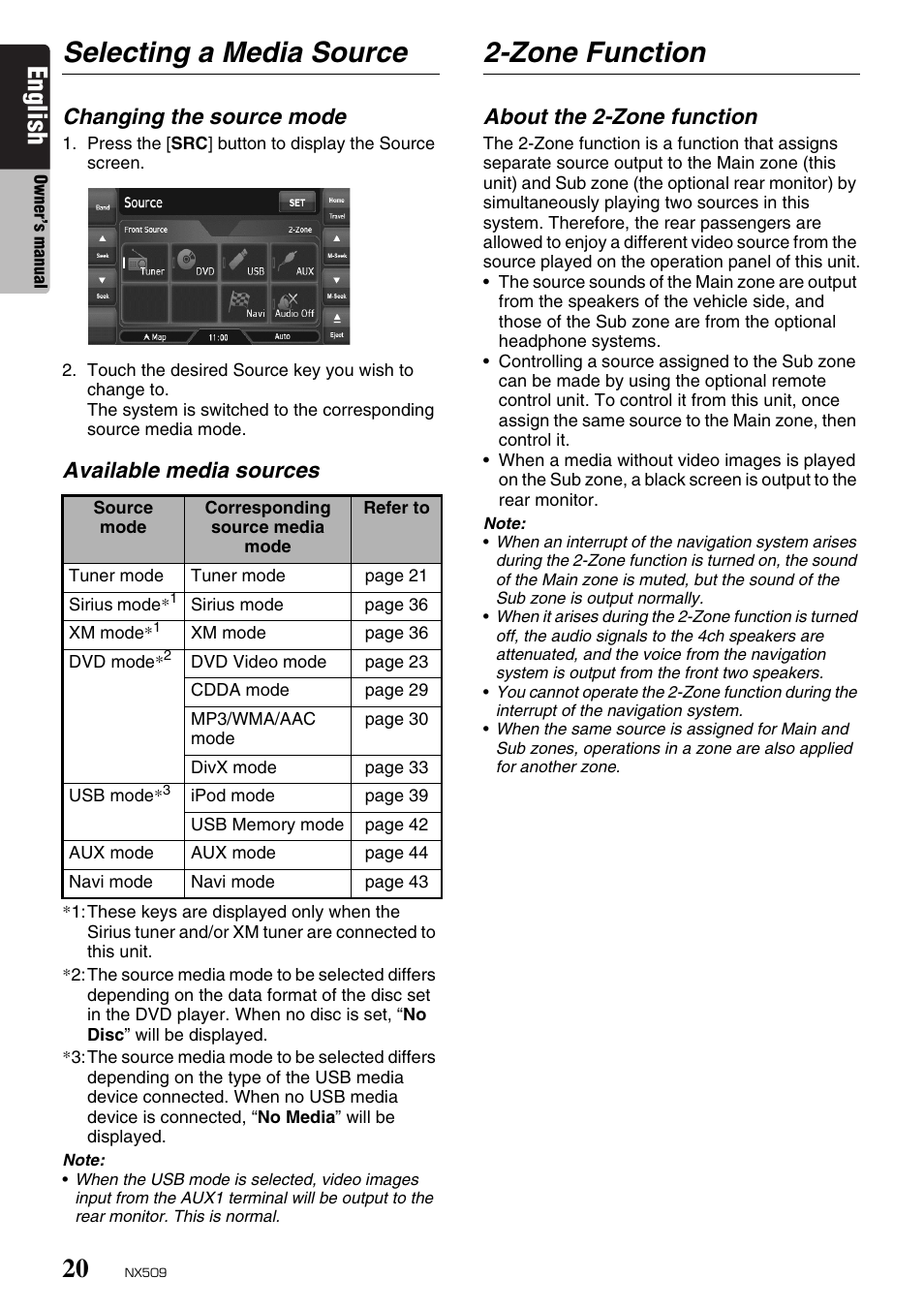 Selecting a media source, Zone function, English | Changing the source mode, Available media sources, About the 2-zone function | Clarion NX509 User Manual | Page 22 / 69