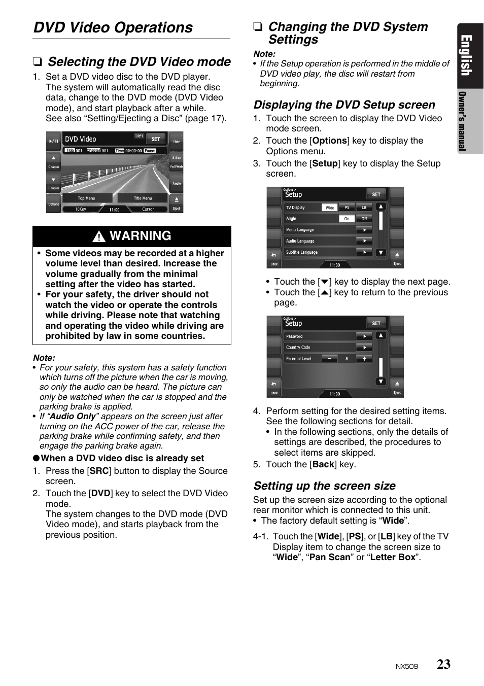 Dvd video operations, English, Selecting the dvd video mode | Changing the dvd system settings, Warning | Clarion NX509 User Manual | Page 25 / 69