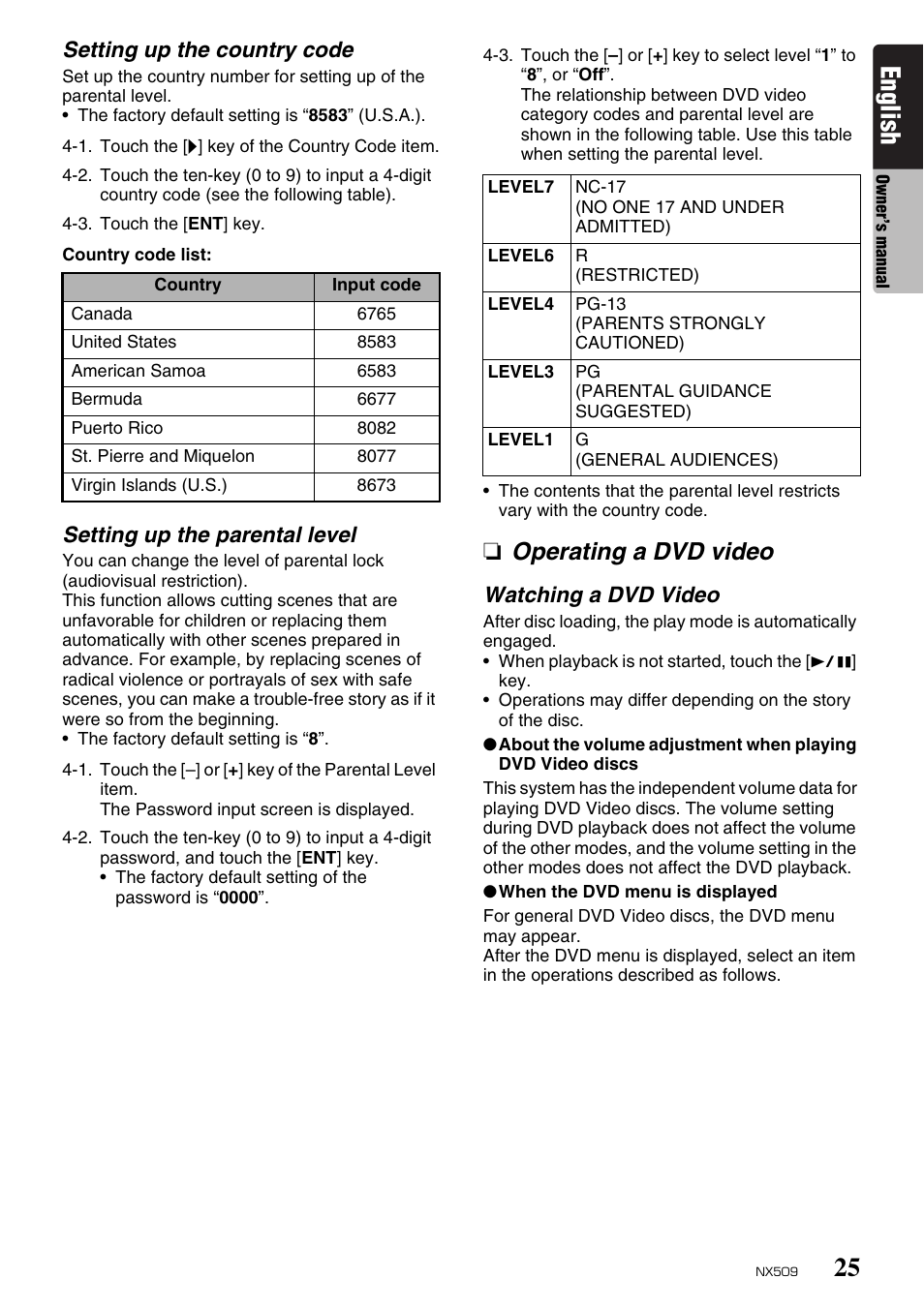 English, Operating a dvd video, Setting up the country code | Setting up the parental level, Watching a dvd video | Clarion NX509 User Manual | Page 27 / 69