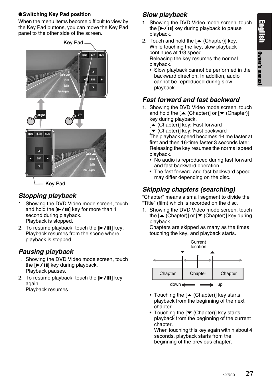 English, Stopping playback, Pausing playback | Slow playback, Fast forward and fast backward, Skipping chapters (searching) | Clarion NX509 User Manual | Page 29 / 69