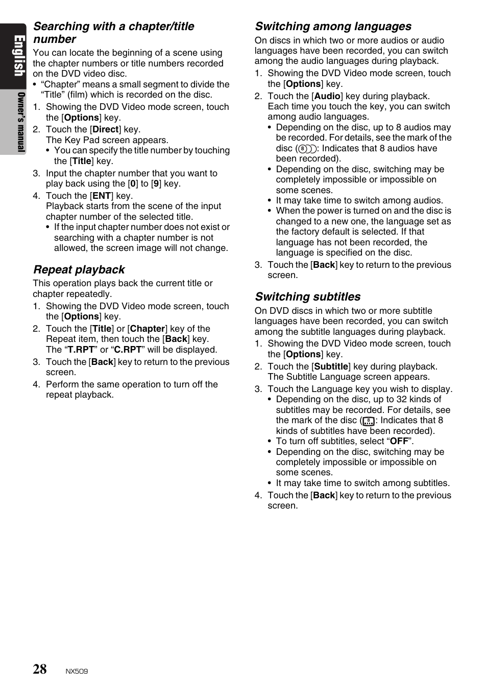 English, Searching with a chapter/title number, Repeat playback | Switching among languages, Switching subtitles | Clarion NX509 User Manual | Page 30 / 69