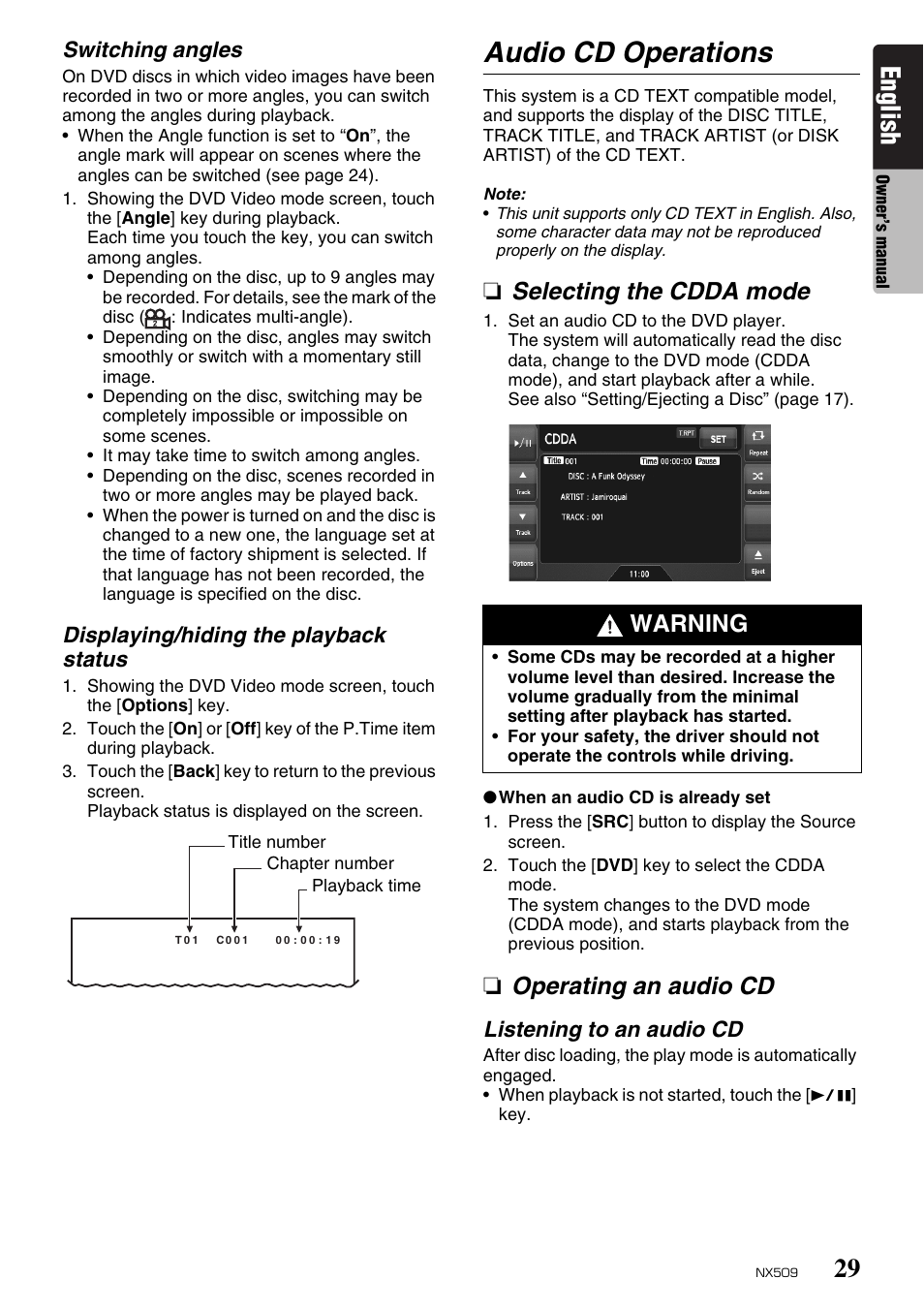 Audio cd operations, English, Selecting the cdda mode | Operating an audio cd, Warning, Switching angles, Displaying/hiding the playback status, Listening to an audio cd | Clarion NX509 User Manual | Page 31 / 69