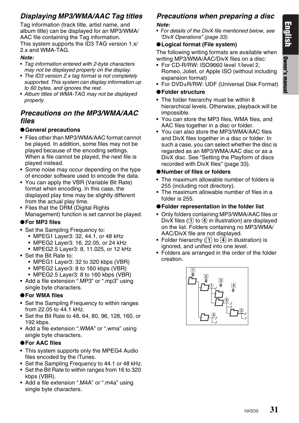 English, Displaying mp3/wma/aac tag titles, Precautions on the mp3/wma/aac files | Precautions when preparing a disc | Clarion NX509 User Manual | Page 33 / 69