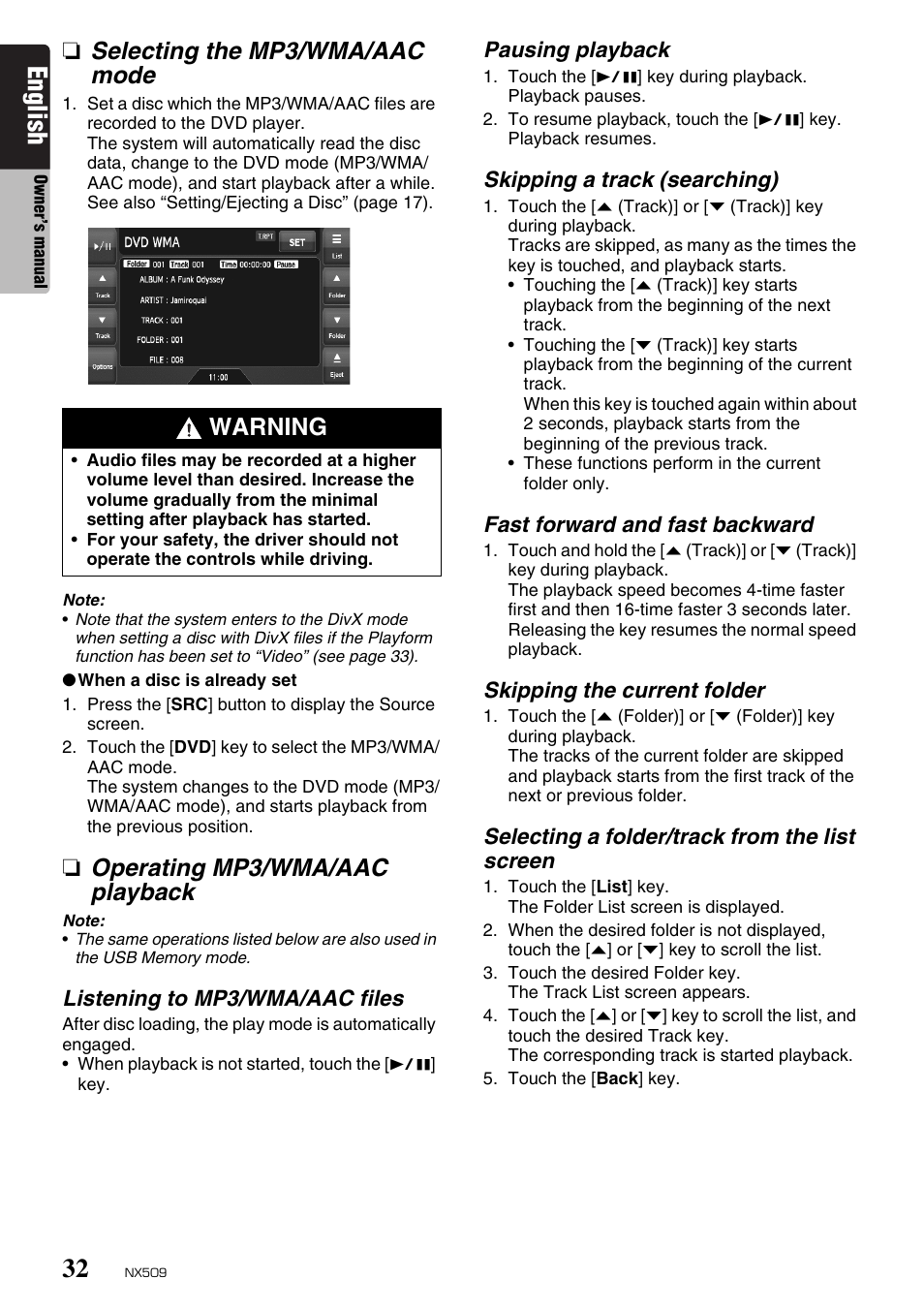 English, Selecting the mp3/wma/aac mode, Operating mp3/wma/aac playback | Warning | Clarion NX509 User Manual | Page 34 / 69