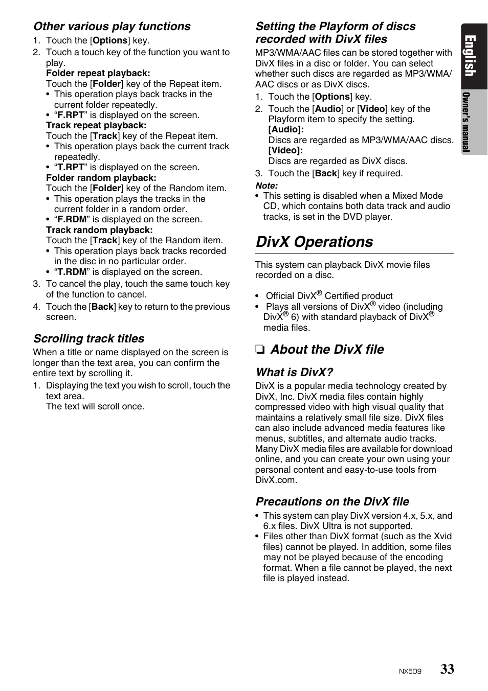 Divx operations, English, About the divx file | Clarion NX509 User Manual | Page 35 / 69