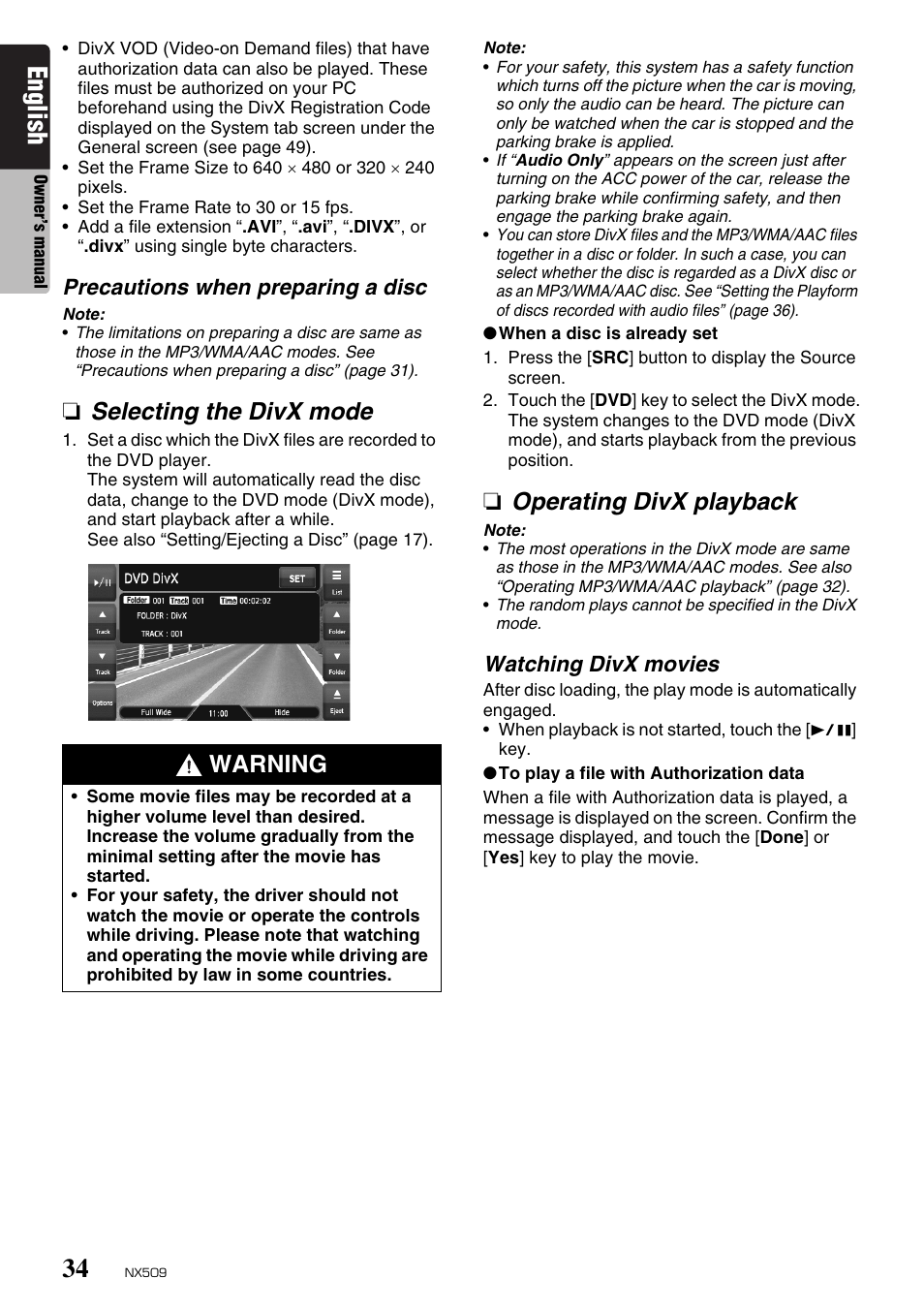 English, Selecting the divx mode, Operating divx playback | Warning | Clarion NX509 User Manual | Page 36 / 69