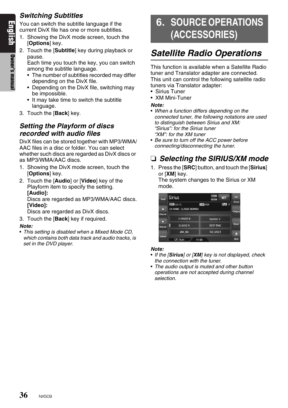 Source operations (accessories), Satellite radio operations, English | Selecting the sirius/xm mode | Clarion NX509 User Manual | Page 38 / 69