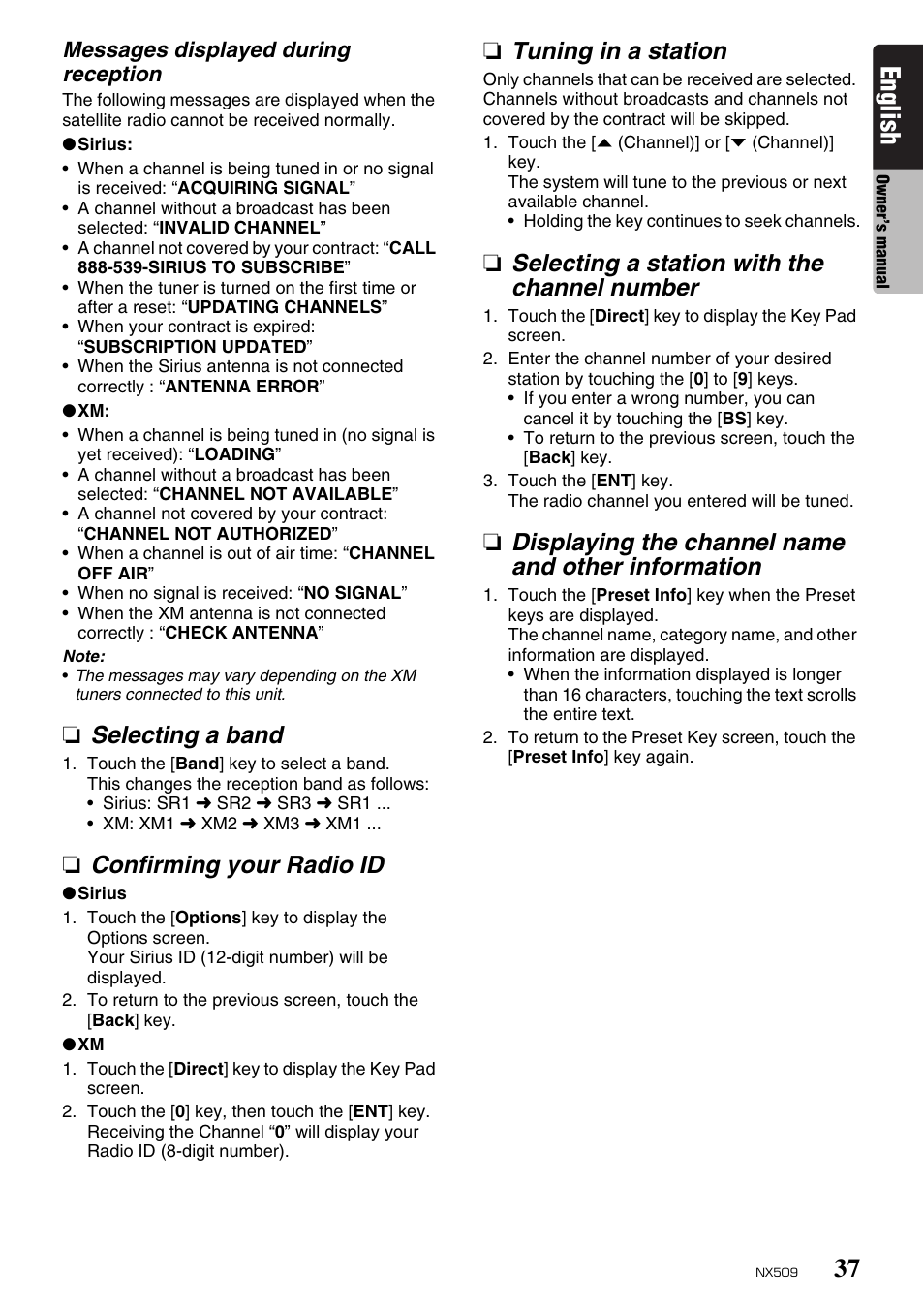 English, Selecting a band, Confirming your radio id | Tuning in a station, Selecting a station with the channel number, Displaying the channel name and other information | Clarion NX509 User Manual | Page 39 / 69