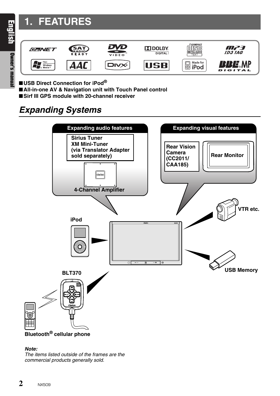 Features, Expanding systems, English | Clarion NX509 User Manual | Page 4 / 69
