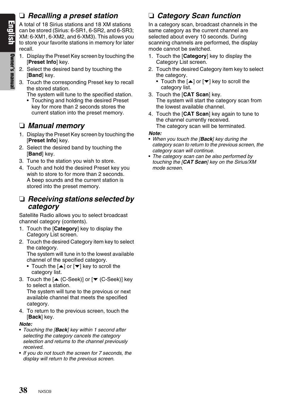 English, Recalling a preset station, Receiving stations selected by category | Category scan function | Clarion NX509 User Manual | Page 40 / 69