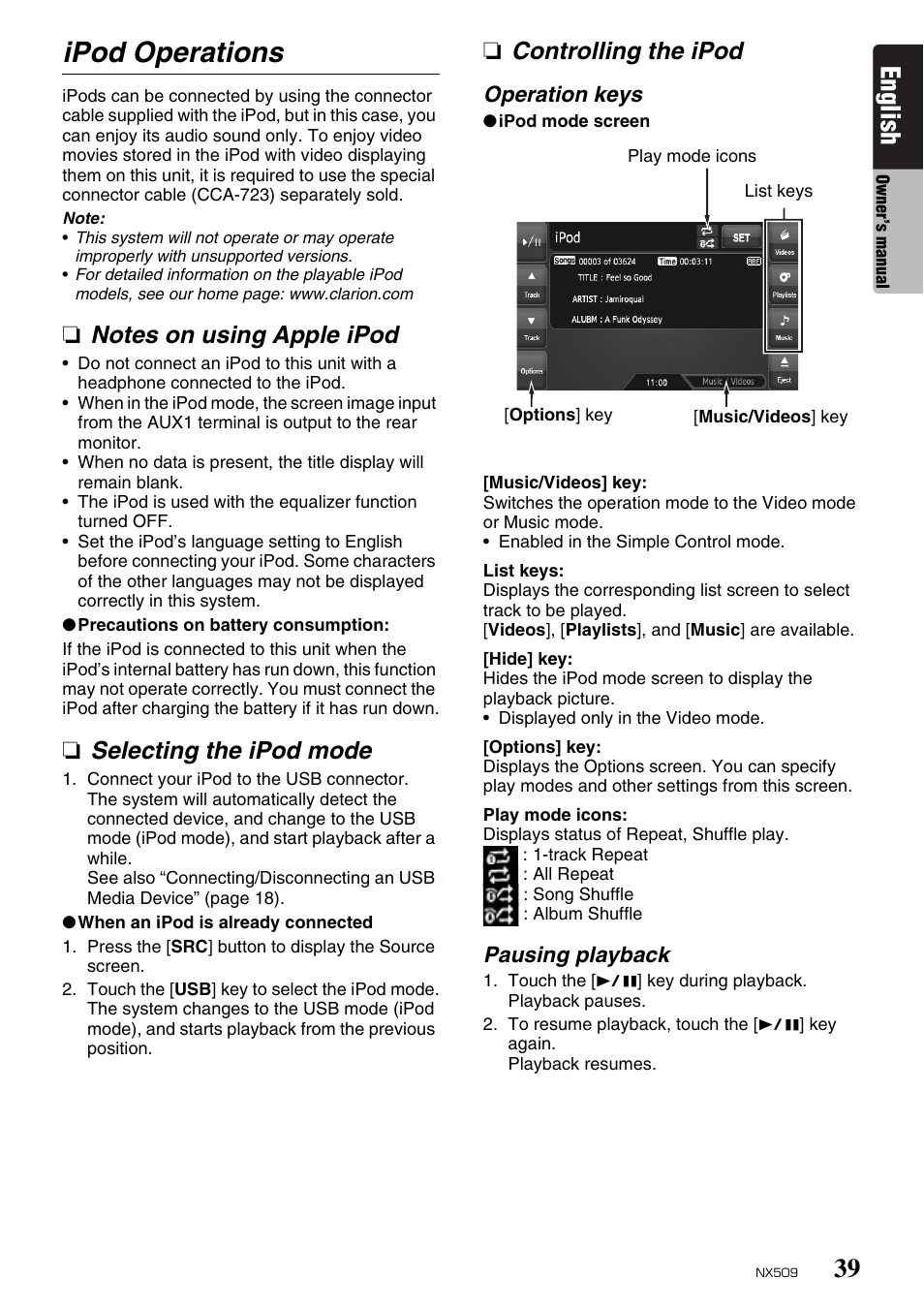 Ipod operations, English, Selecting the ipod mode | Controlling the ipod | Clarion NX509 User Manual | Page 41 / 69