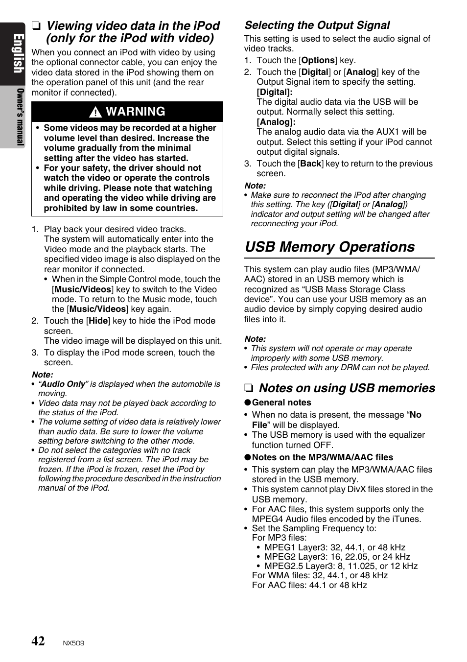English, Warning | Clarion NX509 User Manual | Page 44 / 69