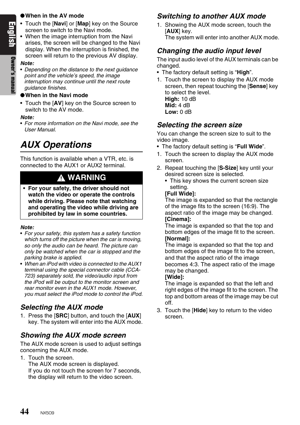 Aux operations, English, Warning | Clarion NX509 User Manual | Page 46 / 69