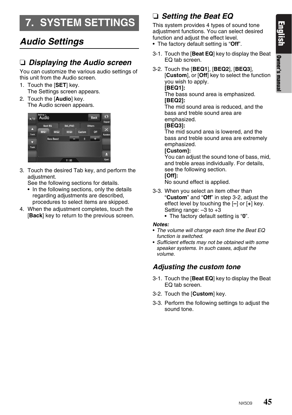 System settings, Audio settings, English | Displaying the audio screen, Setting the beat eq | Clarion NX509 User Manual | Page 47 / 69