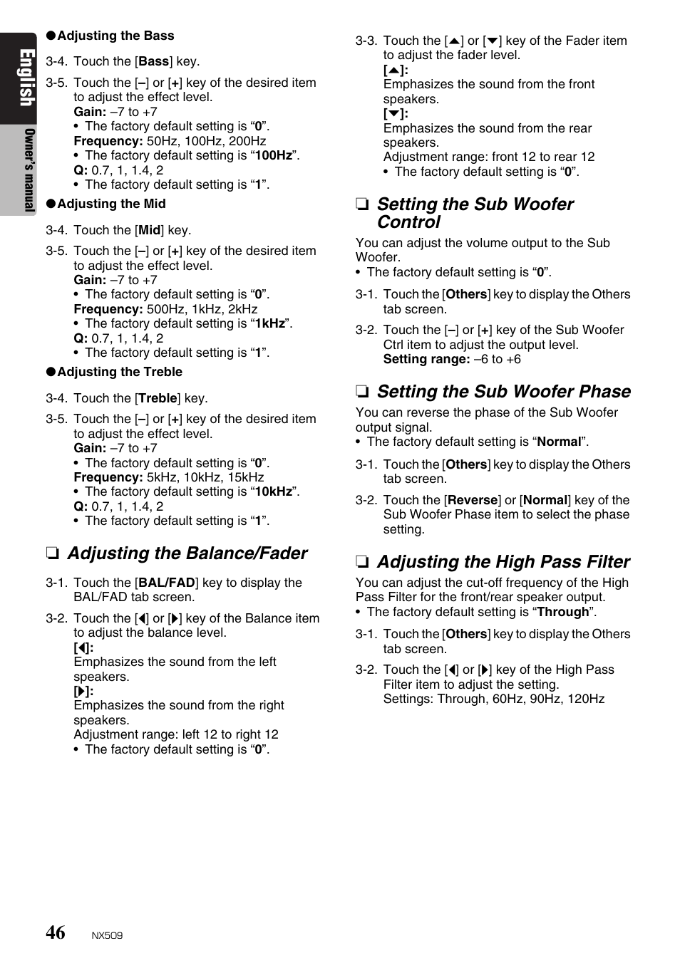 English, Setting the sub woofer phase, Adjusting the high pass filter | Clarion NX509 User Manual | Page 48 / 69