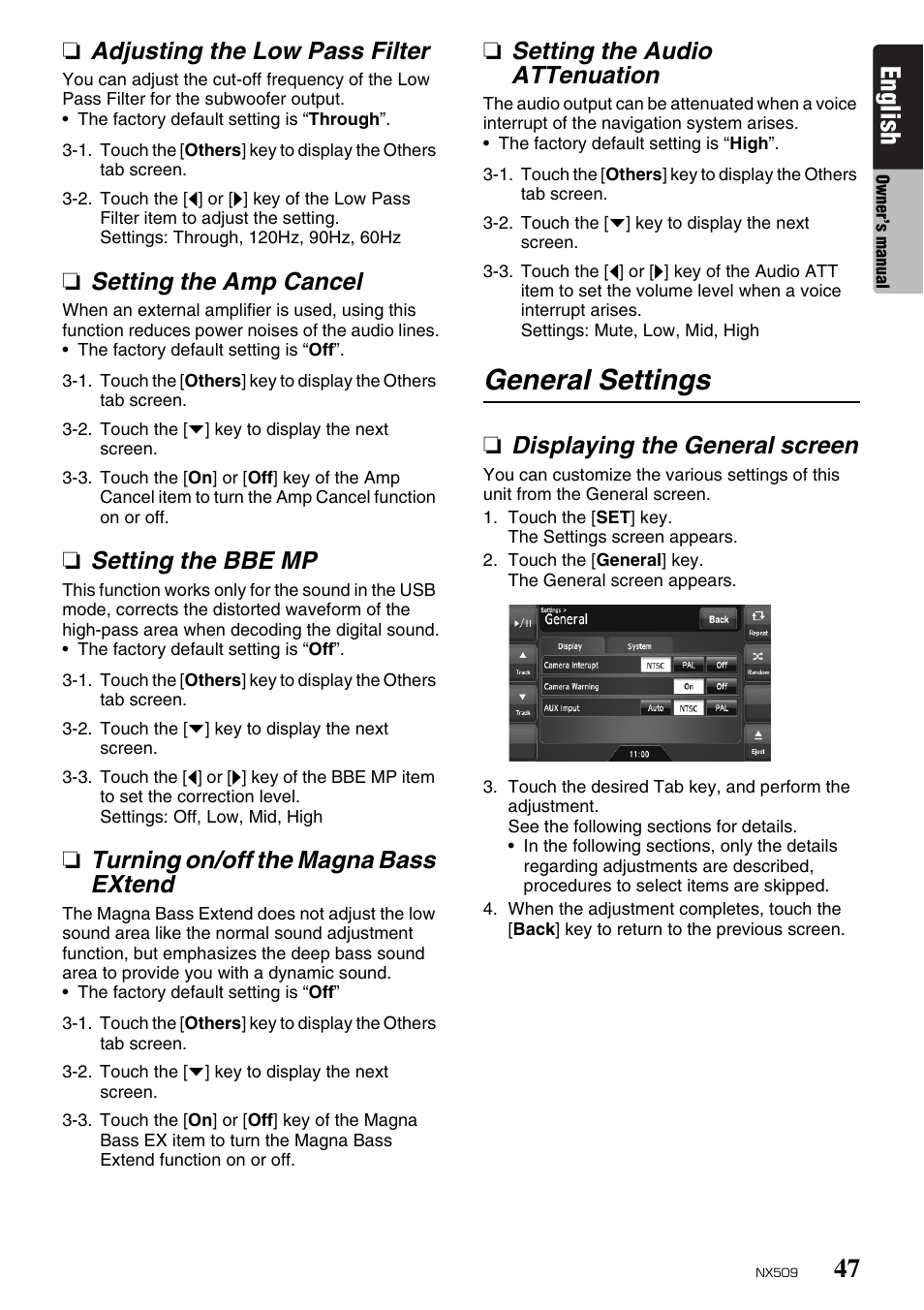 General settings, English, Adjusting the low pass filter | Setting the amp cancel, Setting the bbe mp, Turning on/off the magna bass extend, Setting the audio attenuation, Displaying the general screen | Clarion NX509 User Manual | Page 49 / 69