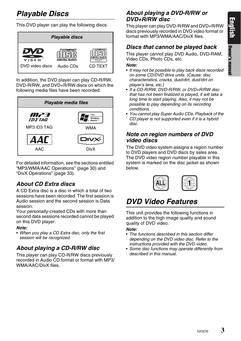 Playable discs, Dvd video features, English | Clarion NX509 User Manual | Page 5 / 69