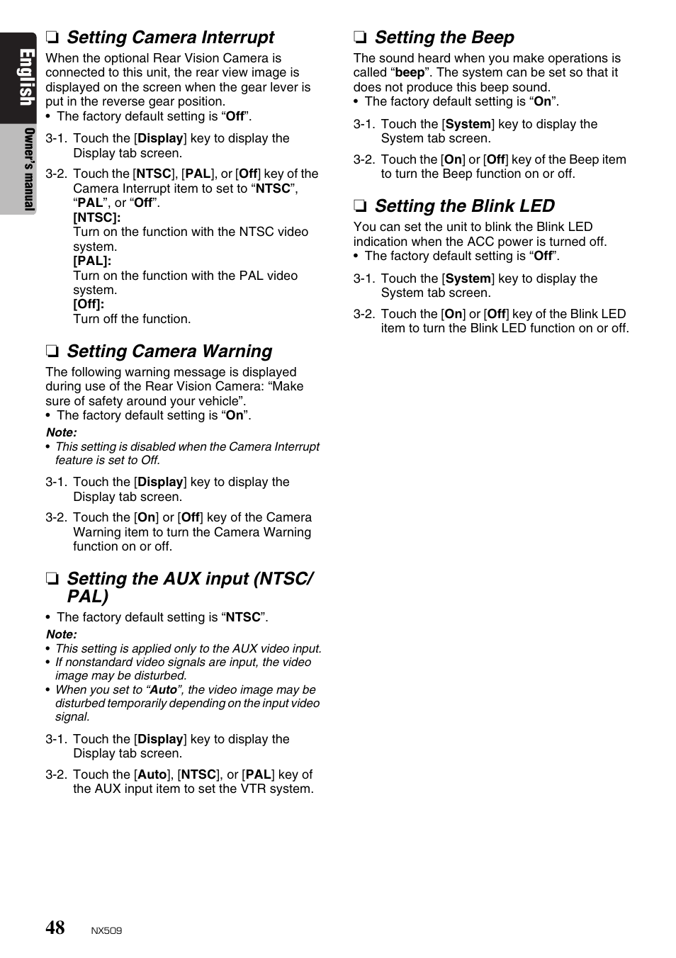 English, Setting camera interrupt, Setting camera warning | Setting the aux input (ntsc/ pal), Setting the beep, Setting the blink led | Clarion NX509 User Manual | Page 50 / 69