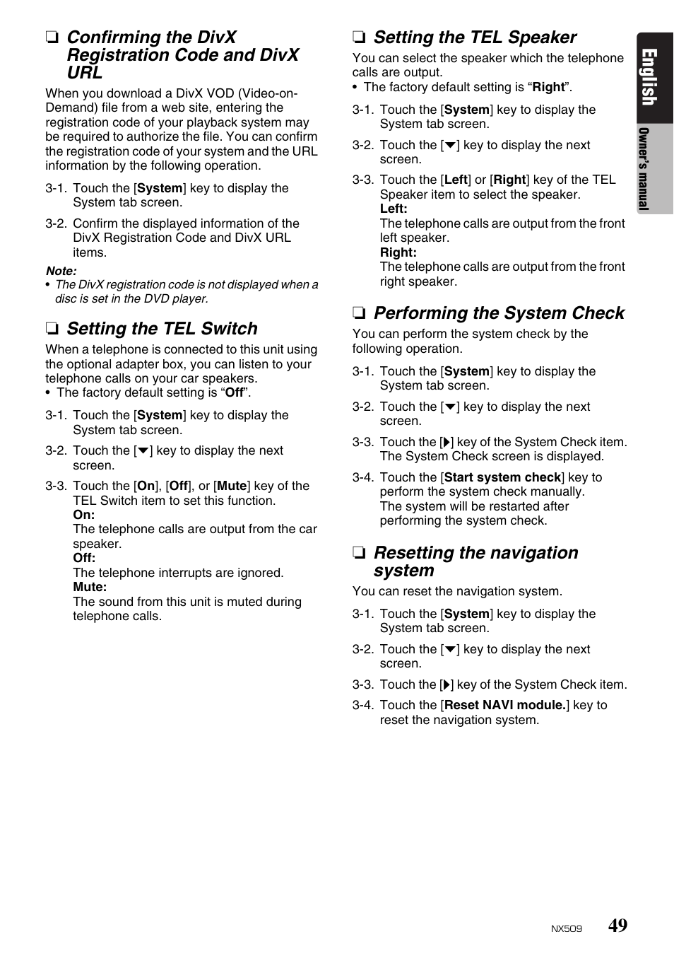 English, Confirming the divx registration code and divx url, Setting the tel switch | Setting the tel speaker, Performing the system check, Resetting the navigation system | Clarion NX509 User Manual | Page 51 / 69