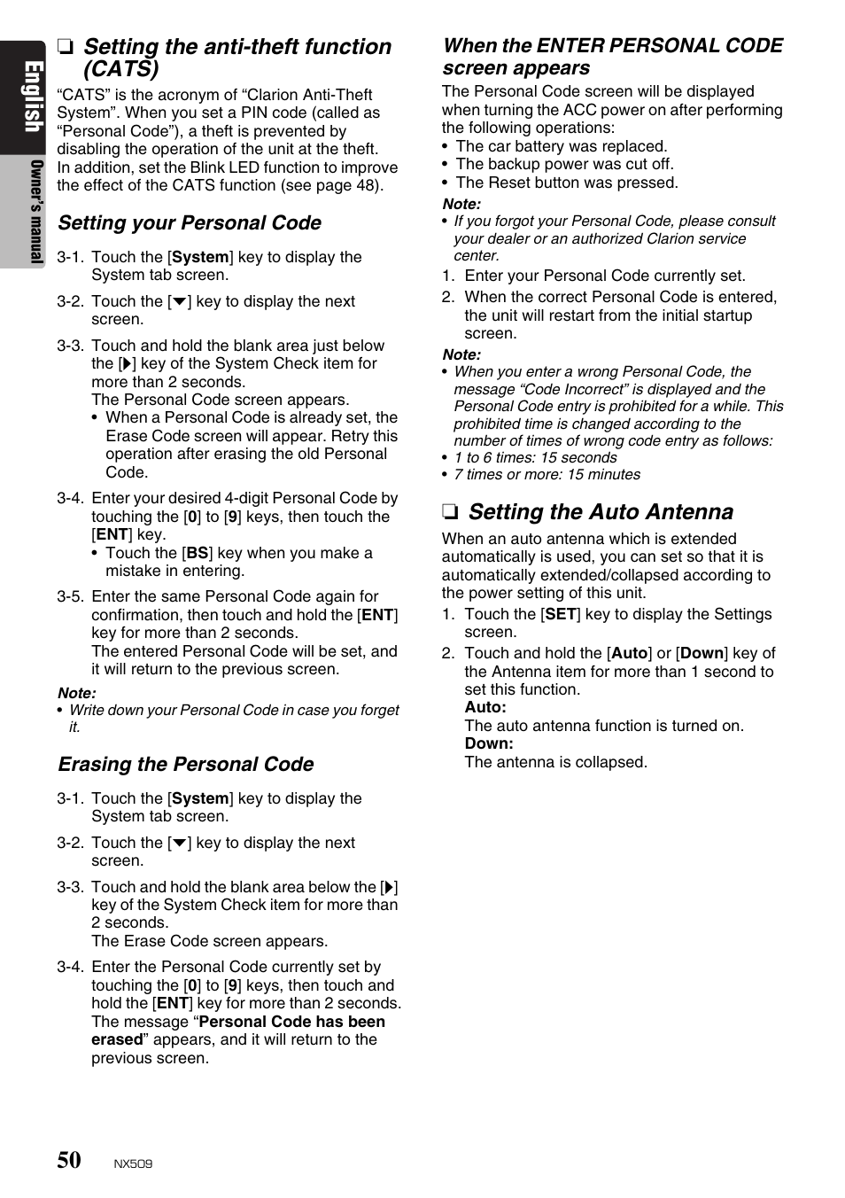 English, Setting the anti-theft function (cats), Setting the auto antenna | Clarion NX509 User Manual | Page 52 / 69