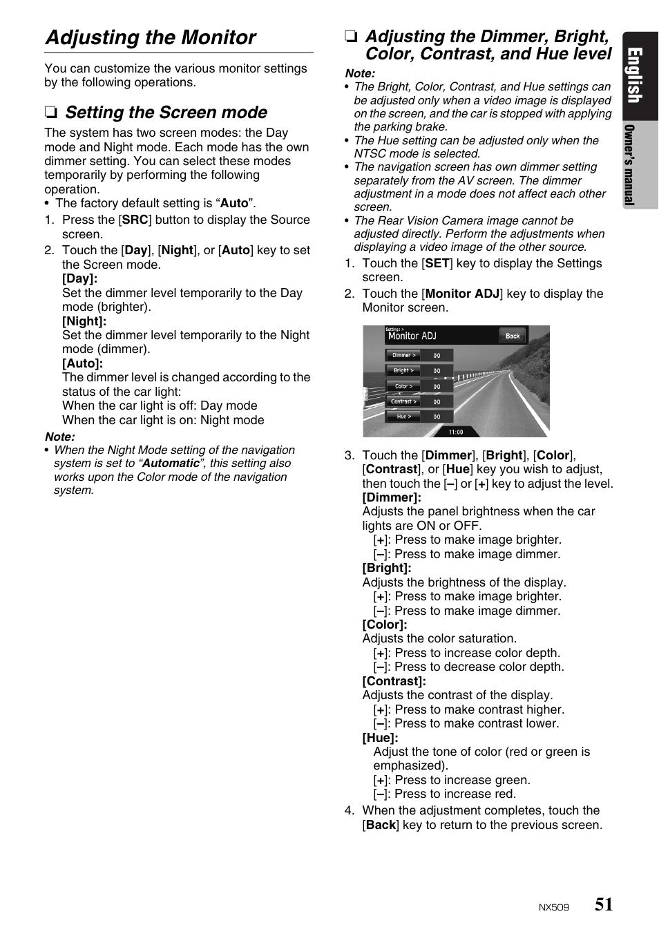 Adjusting the monitor, English, Setting the screen mode | Clarion NX509 User Manual | Page 53 / 69