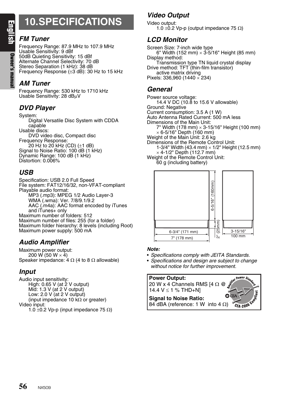 Specifications, English, Fm tuner | Am tuner, Dvd player, Audio amplifier, Input, Video output, Lcd monitor, General | Clarion NX509 User Manual | Page 58 / 69