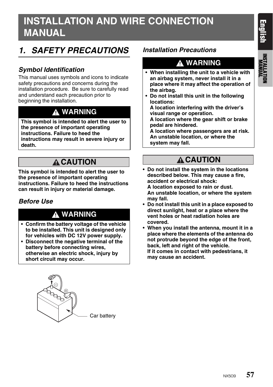 Installation and wire connection manual, Safety precautions, English | Caution, Warning | Clarion NX509 User Manual | Page 59 / 69