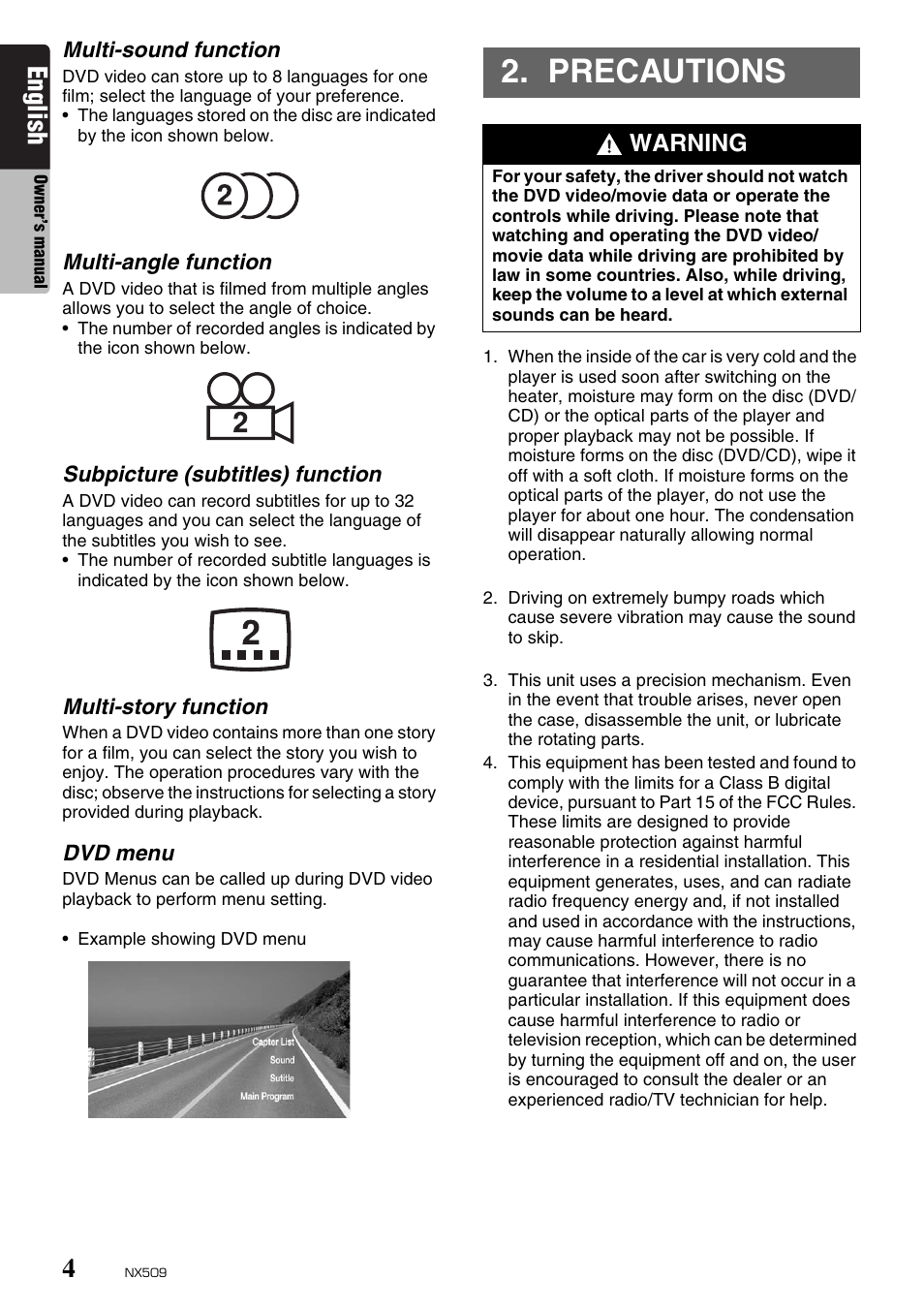 Precautions, English, Warning | Clarion NX509 User Manual | Page 6 / 69