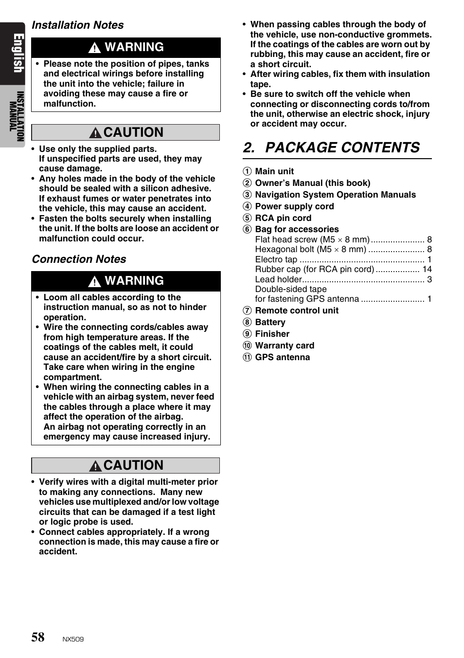 Package contents, English, Caution | Warning | Clarion NX509 User Manual | Page 60 / 69