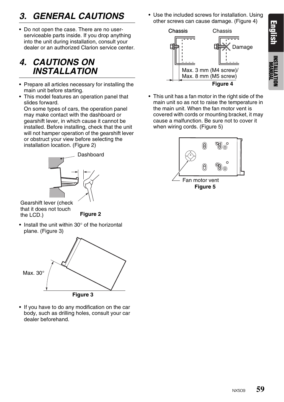 General cautions, Cautions on installation, English | Clarion NX509 User Manual | Page 61 / 69