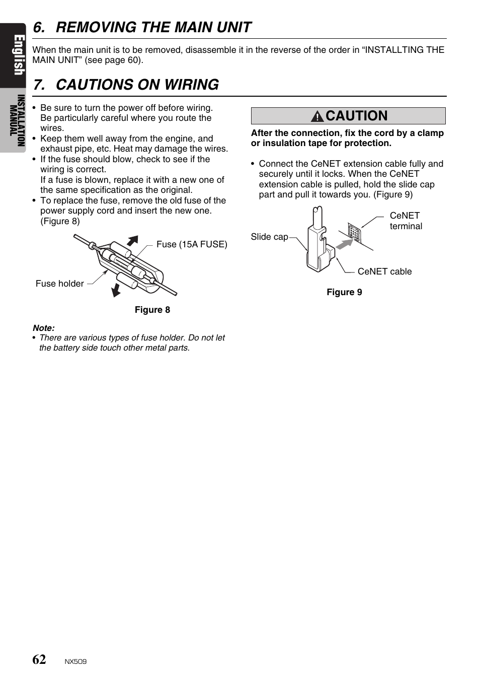Removing the main unit, Cautions on wiring, English | Caution | Clarion NX509 User Manual | Page 64 / 69