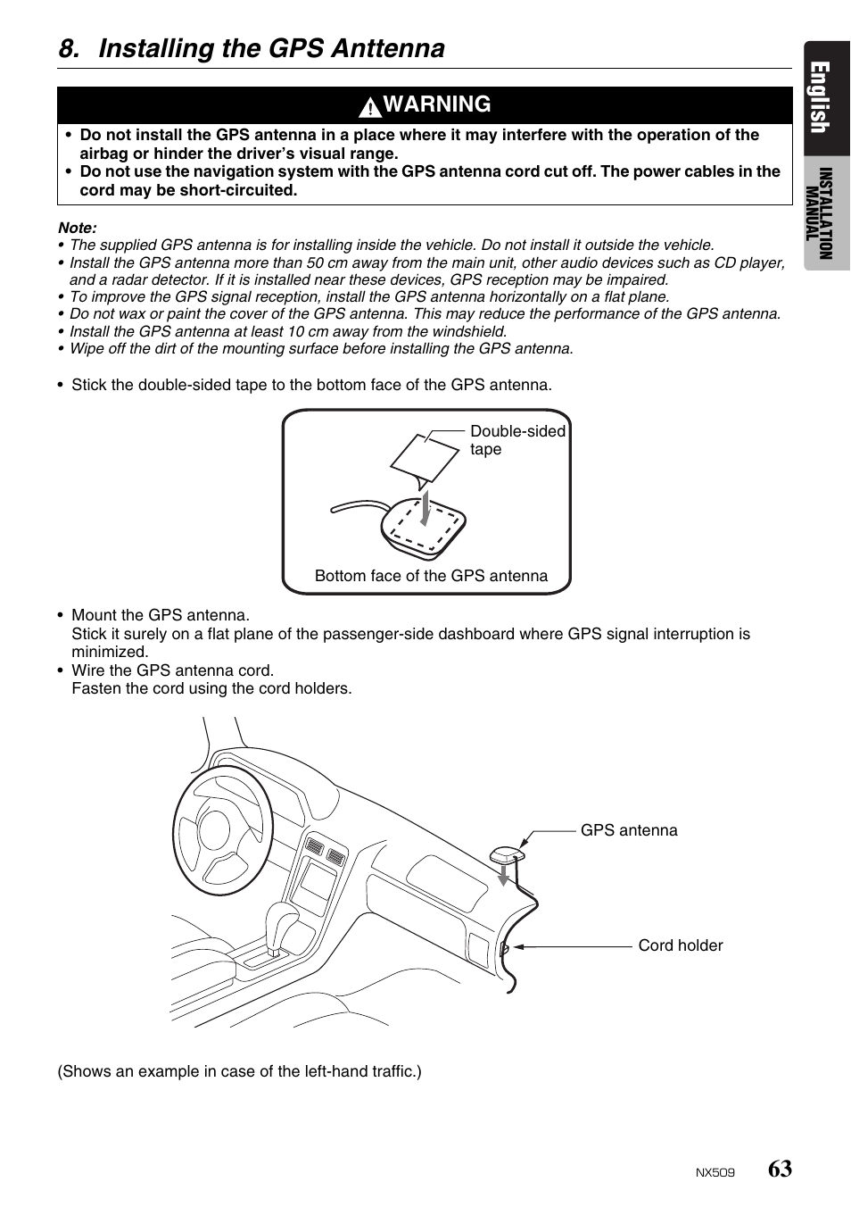 Installing the gps anttenna, English, Warning | Clarion NX509 User Manual | Page 65 / 69