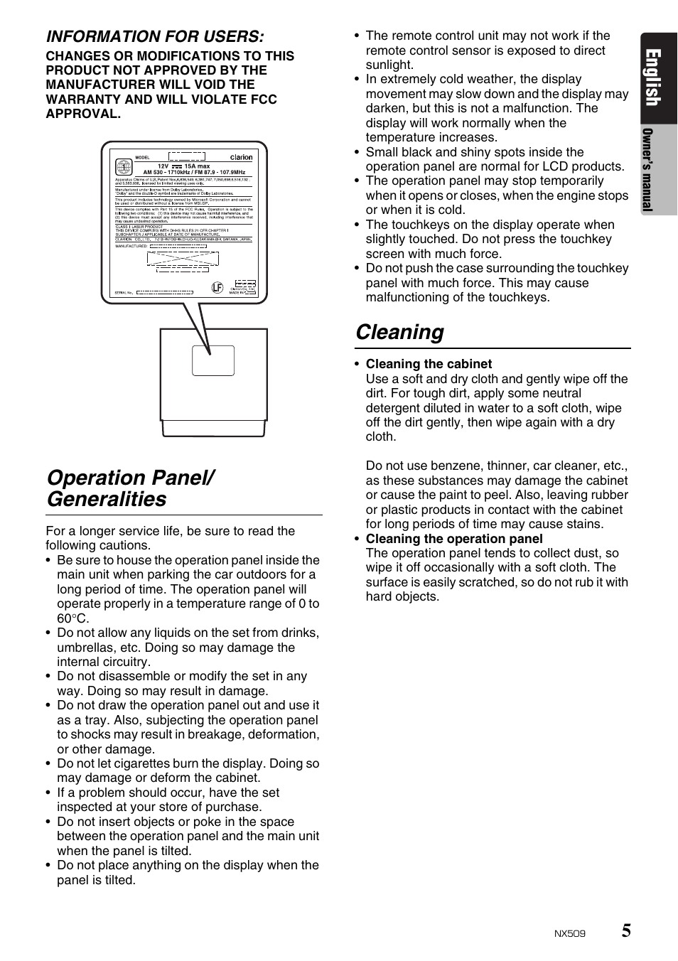 Operation panel/ generalities, Cleaning, English | Clarion NX509 User Manual | Page 7 / 69