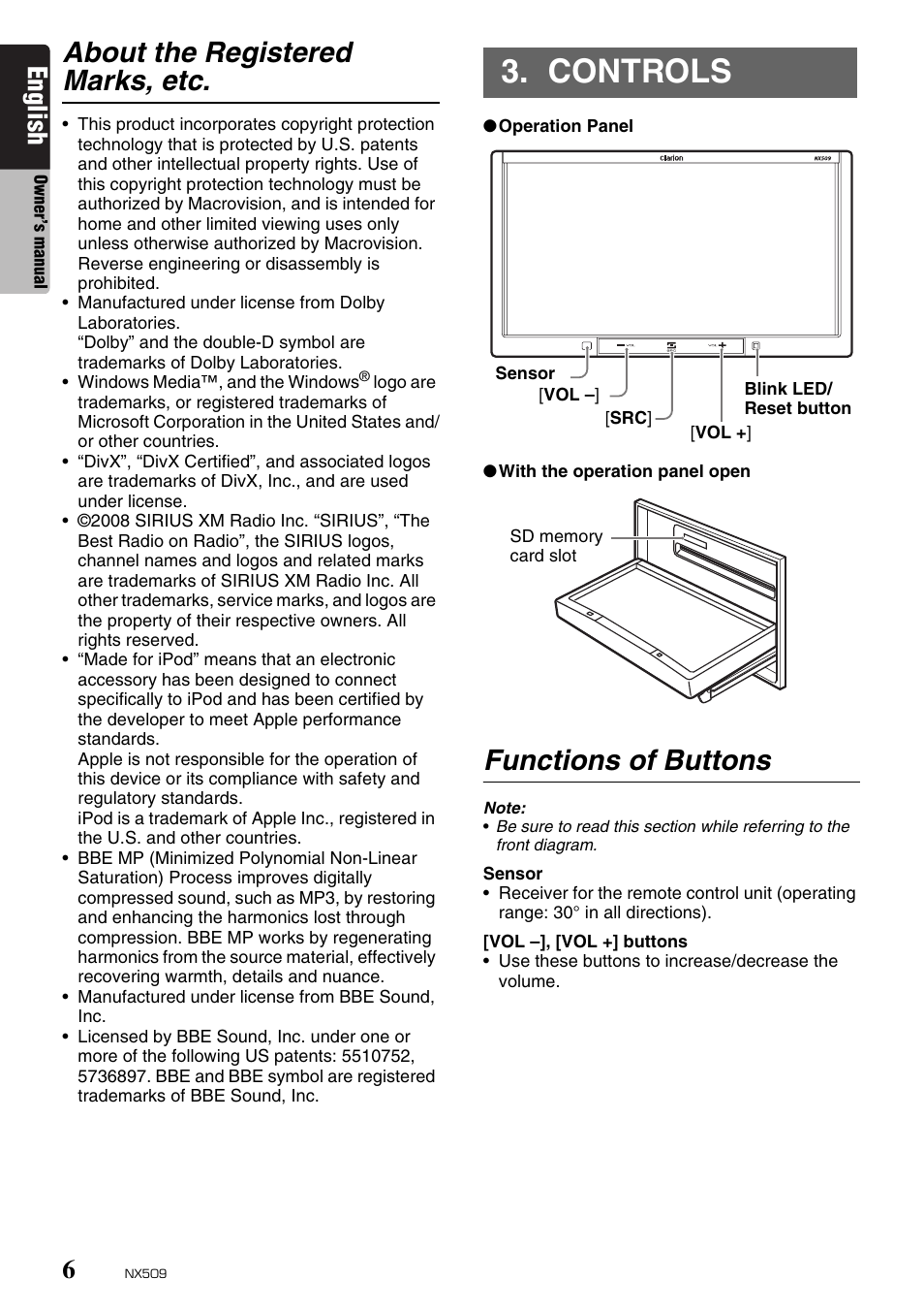 Controls, About the registered marks, etc, Functions of buttons | English | Clarion NX509 User Manual | Page 8 / 69