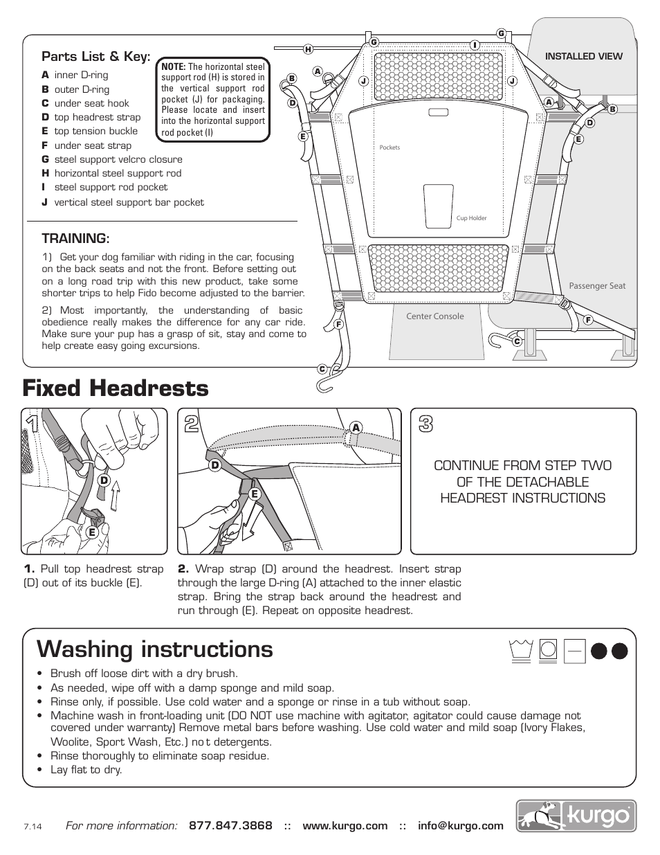 Fixed headrests, Washing instructions | Kurgo Back Seat Barrier User Manual | Page 2 / 2