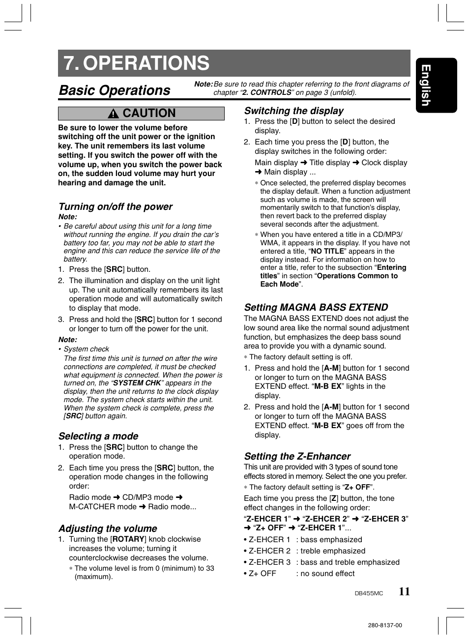 Operations, Basic operations, 11 english | Caution, Turning on/off the power, Selecting a mode, Adjusting the volume, Switching the display, Setting magna bass extend, Setting the z-enhancer | Clarion DB455MC User Manual | Page 10 / 24