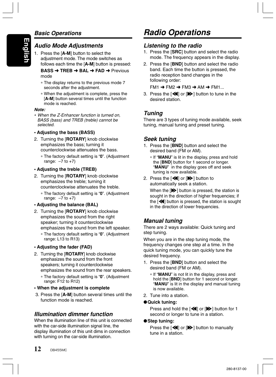 Radio operations, English, Audio mode adjustments | Illumination dimmer function, Basic operations, Listening to the radio, Tuning, Seek tuning, Manual tuning | Clarion DB455MC User Manual | Page 11 / 24