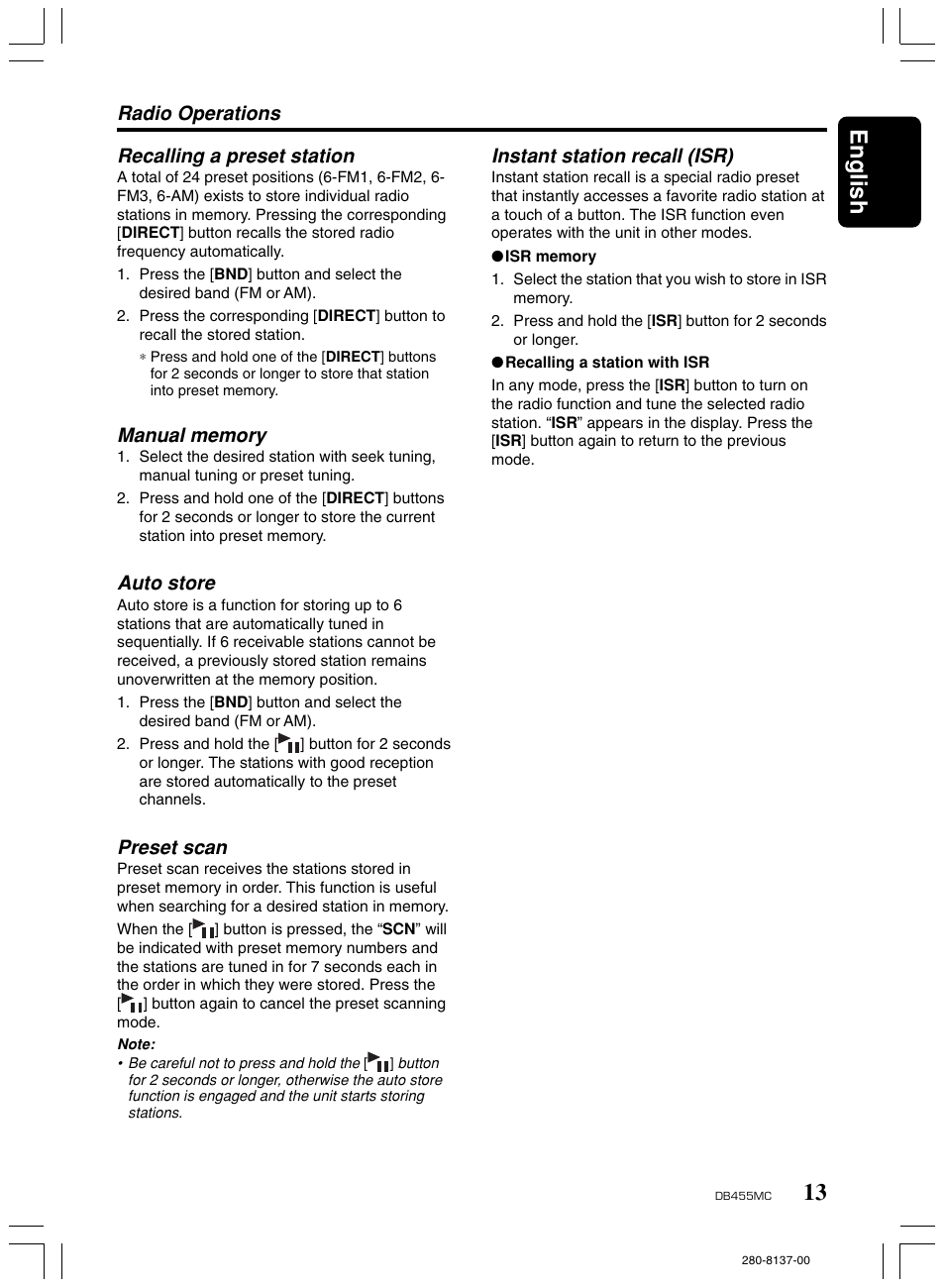 13 english, Radio operations recalling a preset station, Auto store | Preset scan, Instant station recall (isr) | Clarion DB455MC User Manual | Page 12 / 24