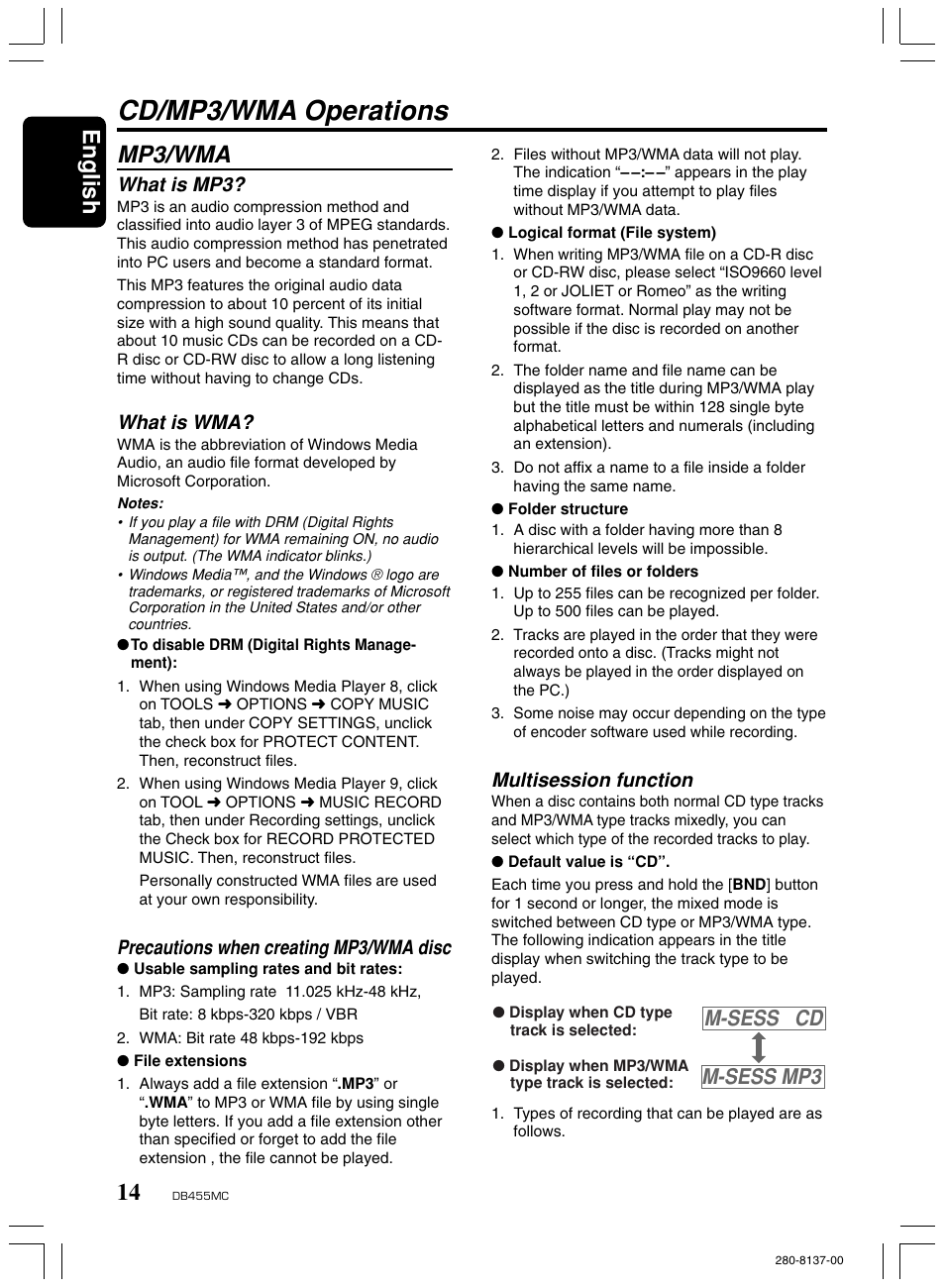 Cd/mp3/wma operations, Mp3/wma, English | M-sess cd m-sess mp3, What is mp3, What is wma, Precautions when creating mp3/wma disc, Multisession function | Clarion DB455MC User Manual | Page 13 / 24