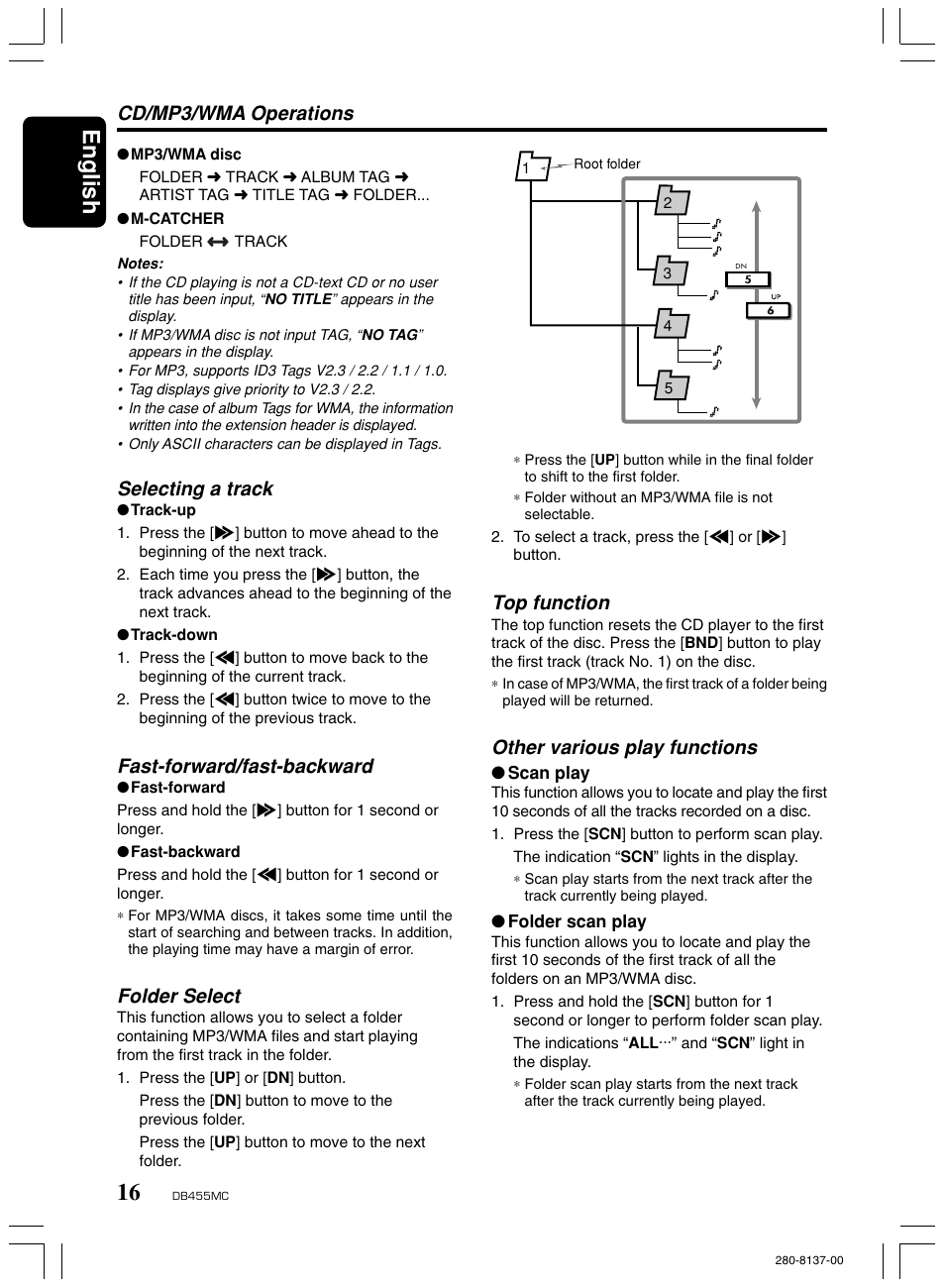 English, Cd/mp3/wma operations, Selecting a track | Fast-forward/fast-backward, Folder select, Top function, Other various play functions | Clarion DB455MC User Manual | Page 15 / 24