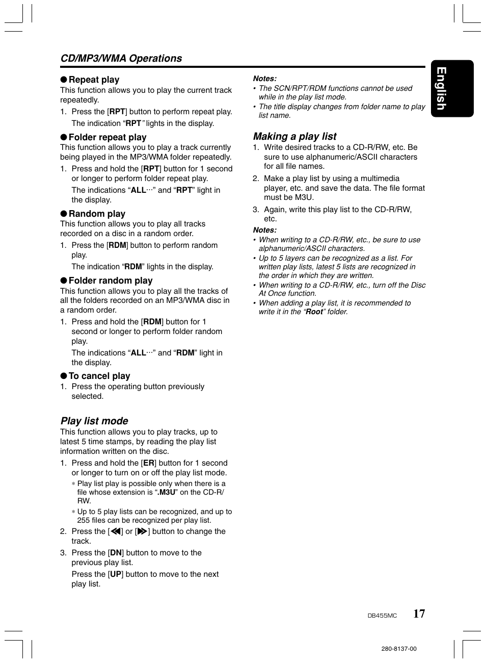 17 english, Play list mode, Cd/mp3/wma operations | Making a play list | Clarion DB455MC User Manual | Page 16 / 24