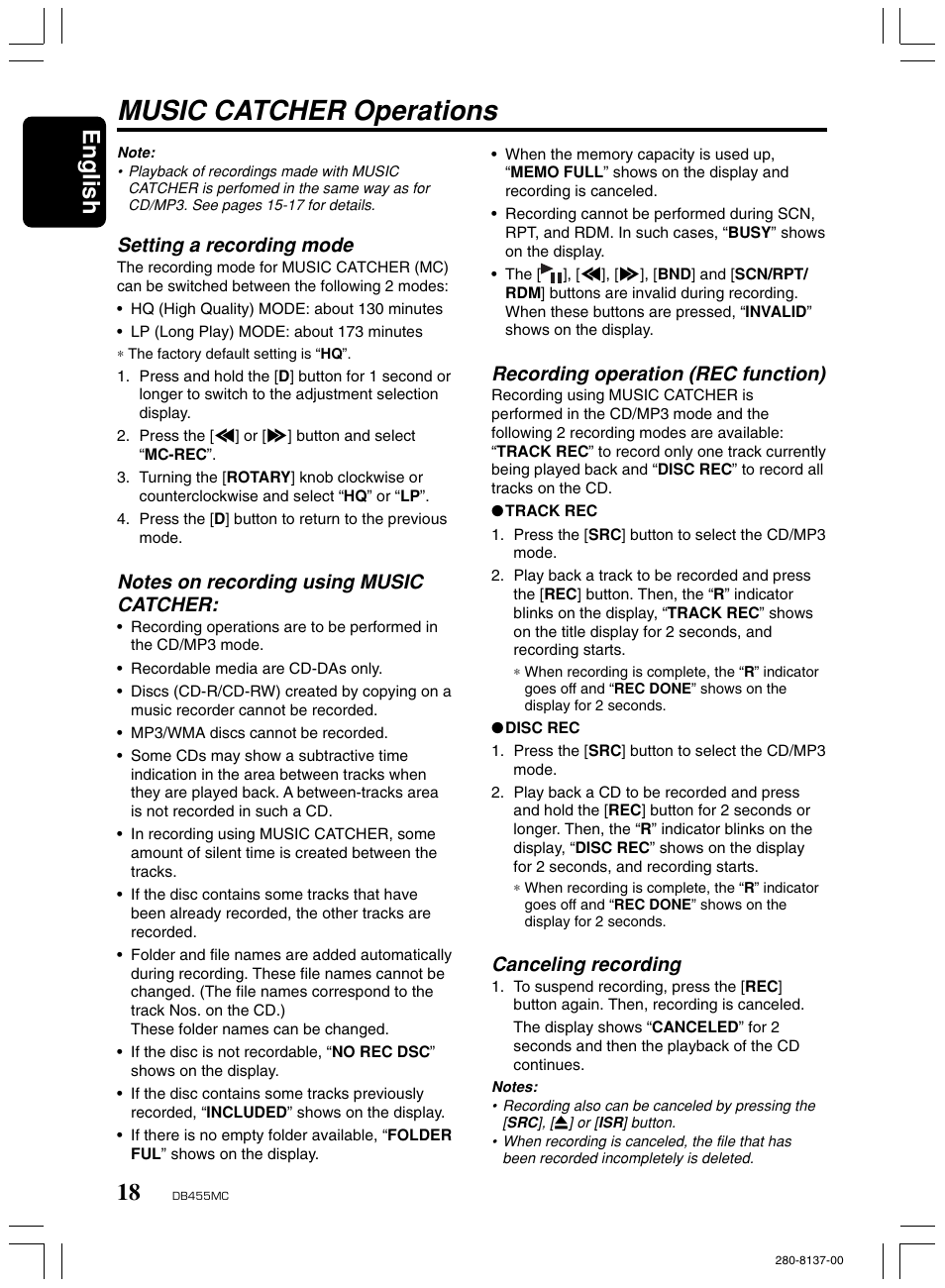 Music catcher operations, English, Setting a recording mode | Recording operation (rec function), Canceling recording | Clarion DB455MC User Manual | Page 17 / 24