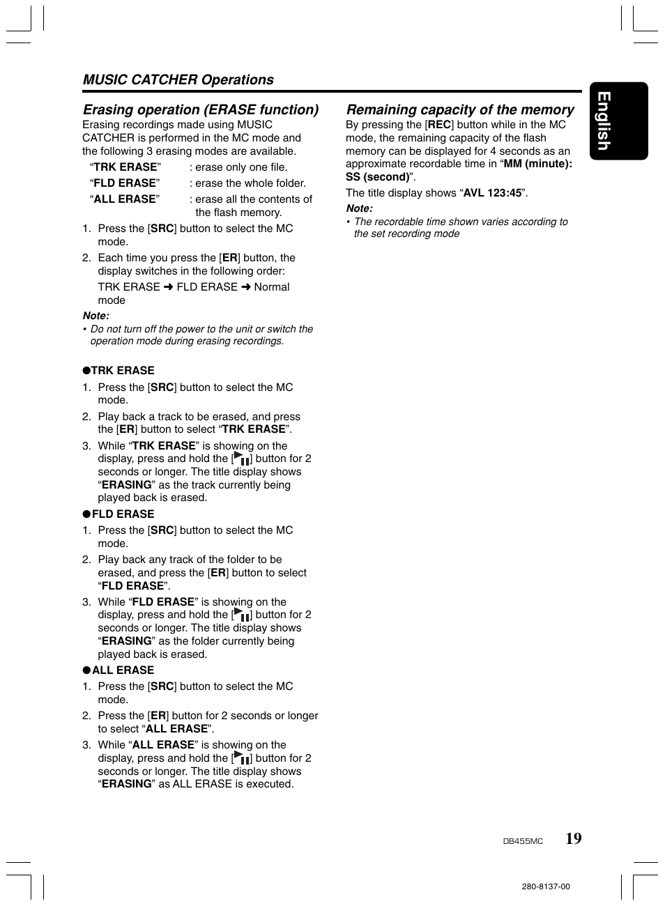 19 english, Erasing operation (erase function) | Clarion DB455MC User Manual | Page 18 / 24