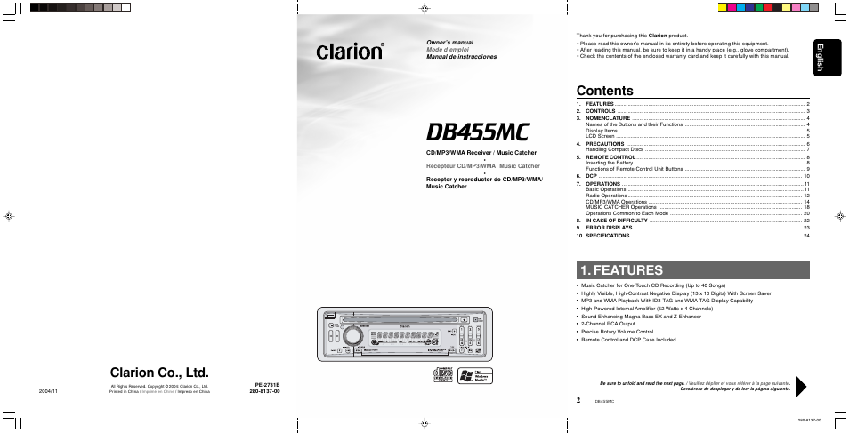 Clarion DB455MC User Manual | Page 2 / 24