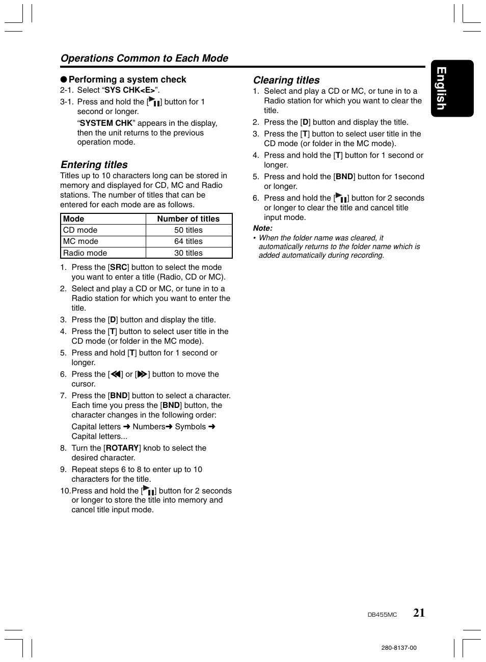 21 english, Entering titles, Operations common to each mode | Clearing titles | Clarion DB455MC User Manual | Page 20 / 24