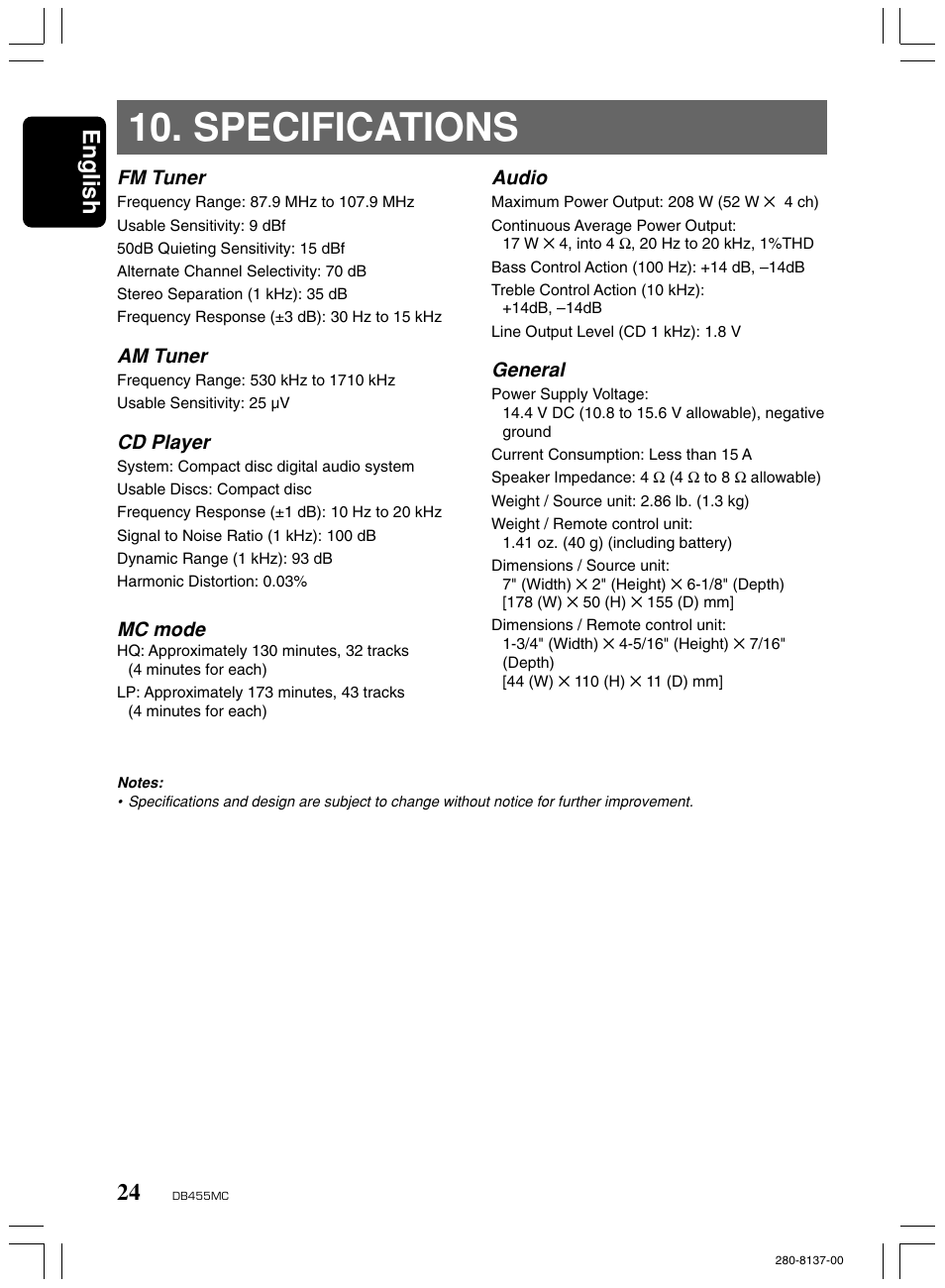 Specifications, English, Fm tuner | Am tuner, Cd player, Mc mode, Audio, General | Clarion DB455MC User Manual | Page 23 / 24