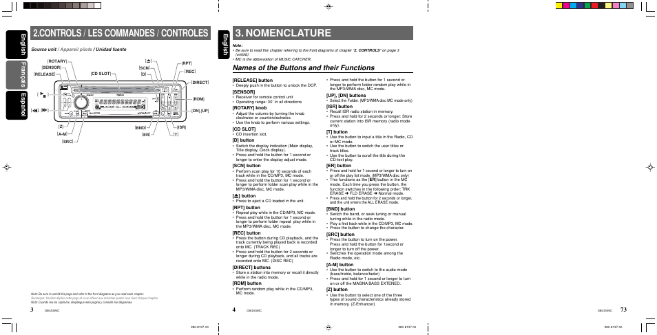 Controls, Nomenclature, Names of the buttons and their functions | Controls / les commandes / controles, English fran ç ais espa ñ ol english | Clarion DB455MC User Manual | Page 3 / 24