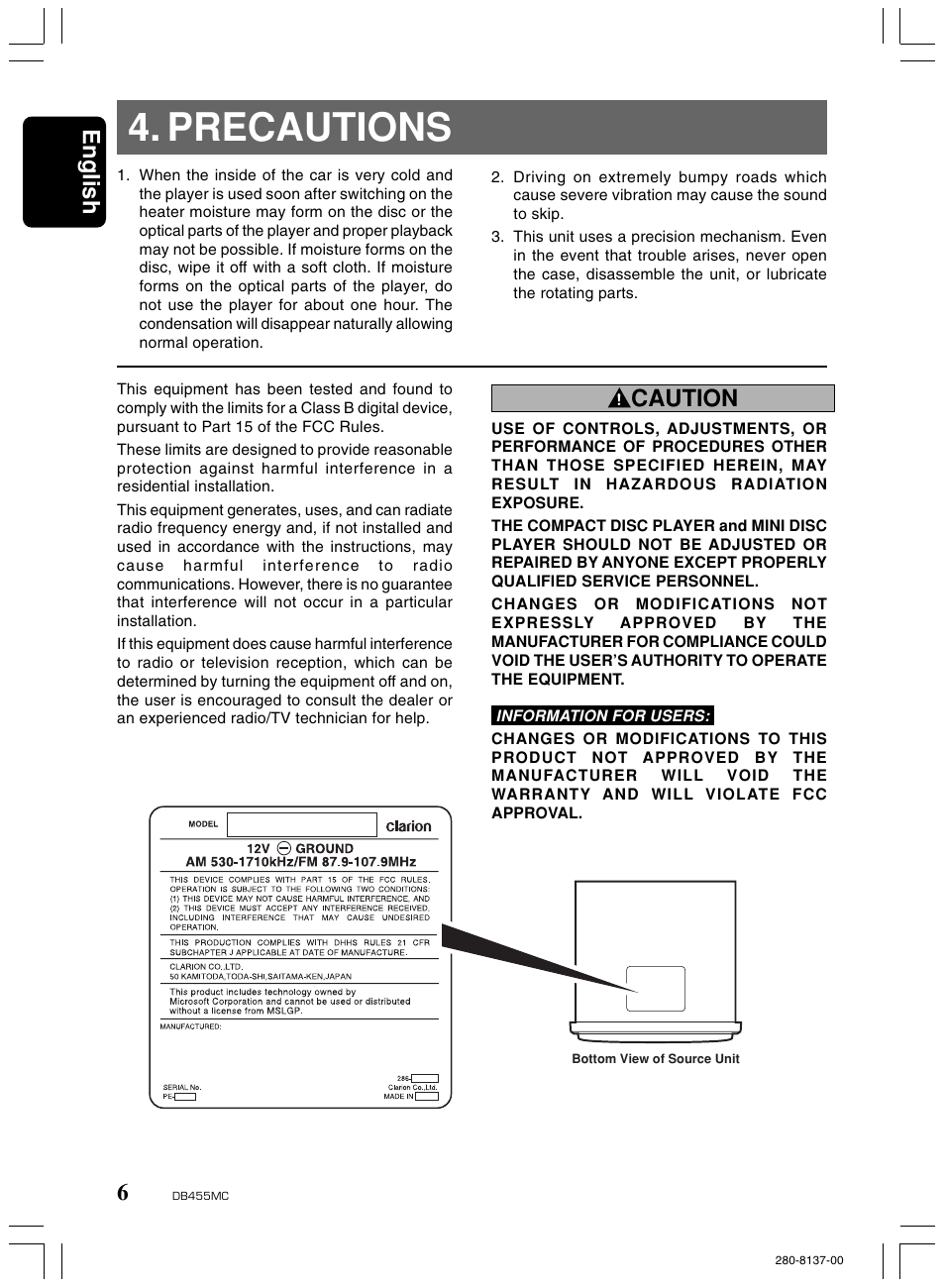 Precautions, English, Caution | Clarion DB455MC User Manual | Page 5 / 24